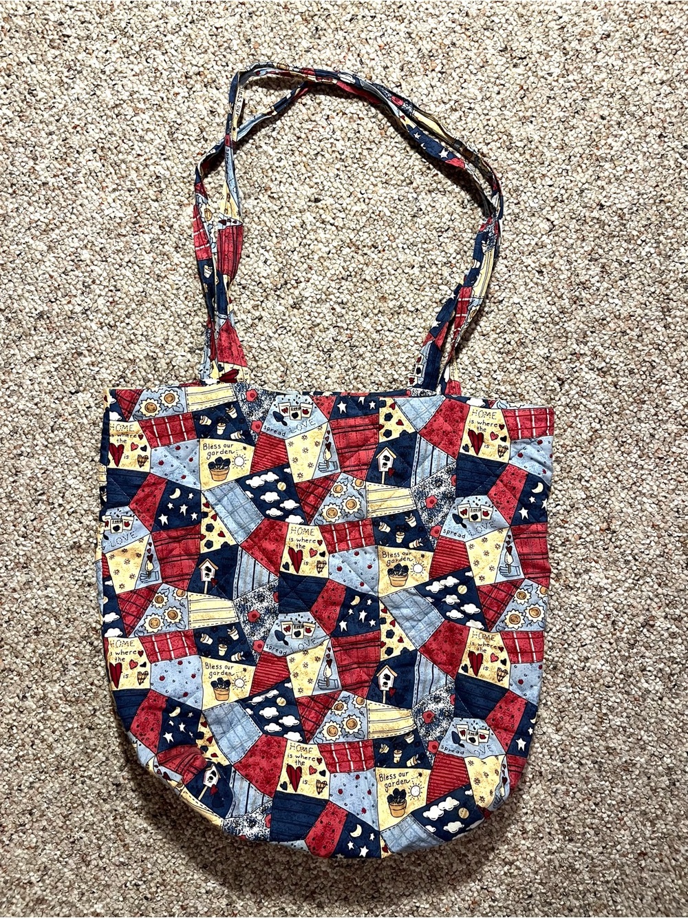 Handmade Quilted Patchwork Tote with Bag in Red, Navy & Yellow - Picture 1 of 8